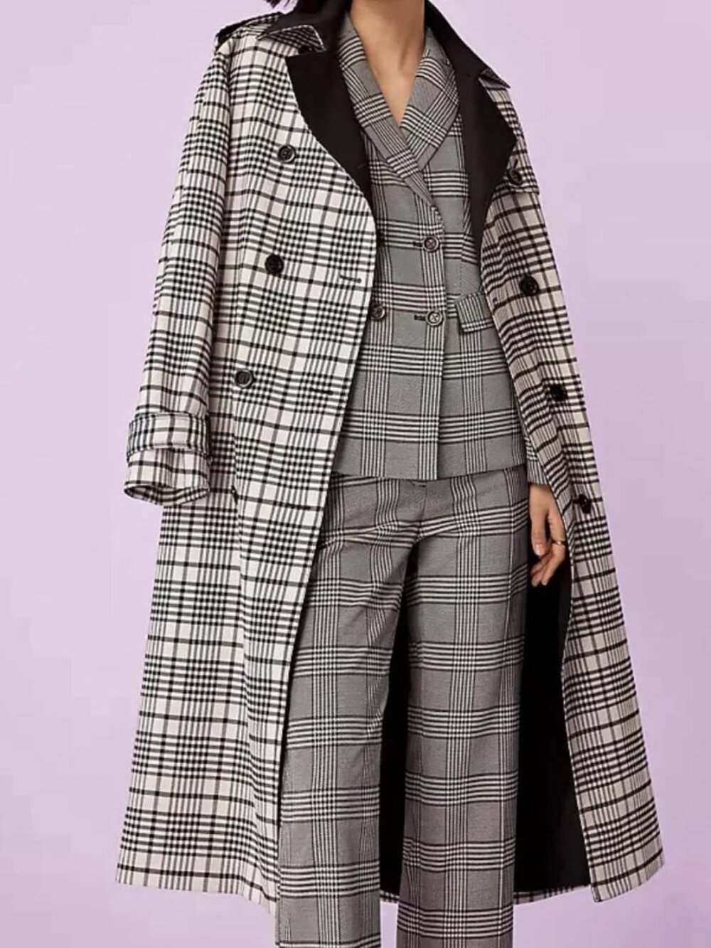 Ann Taylor Black and White Plaid Trench Coat